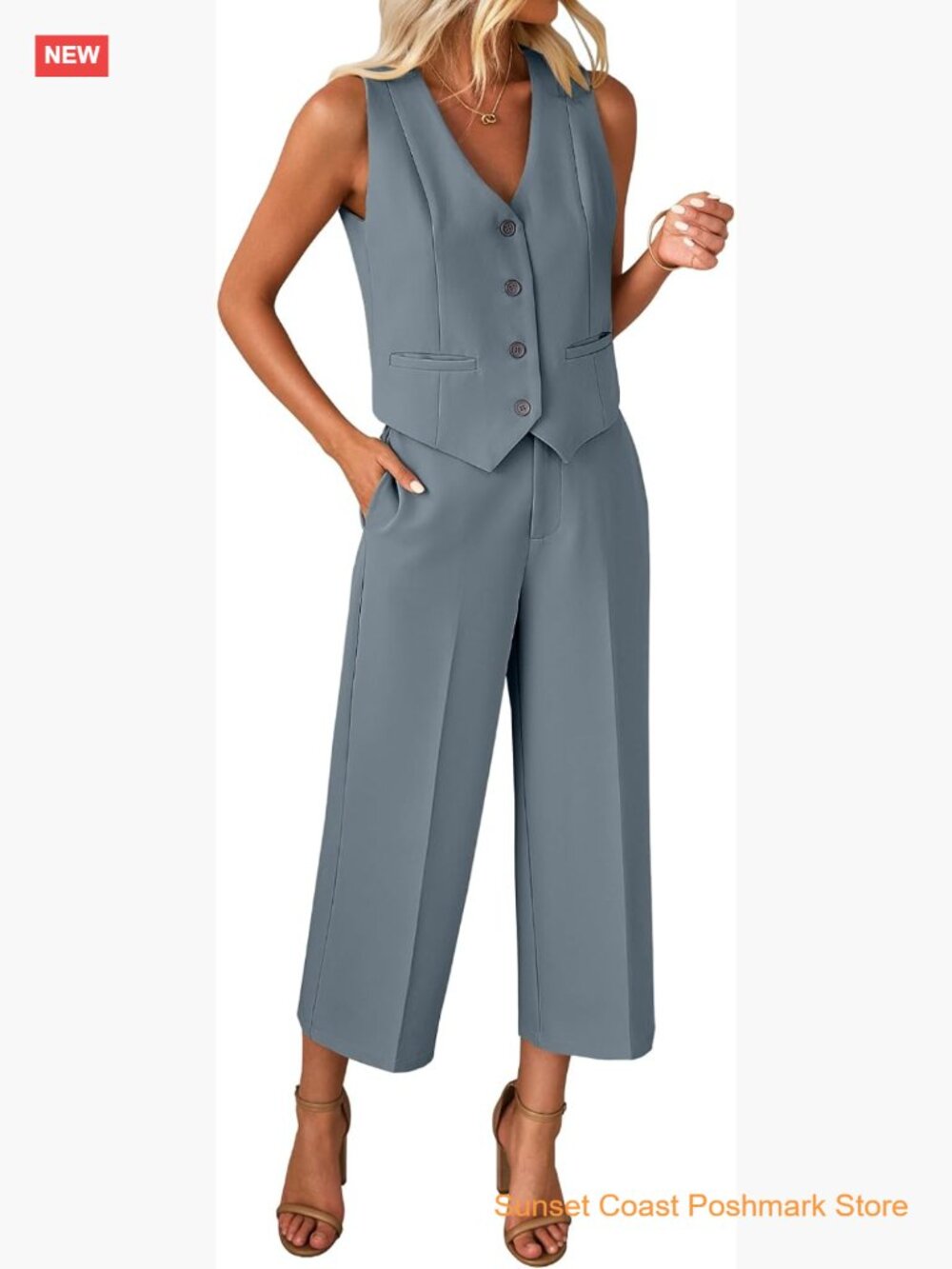 Women's 2 Piece Pantsuit Set Sleeveless Vest Wide Leg Capri Pants Work Outfit